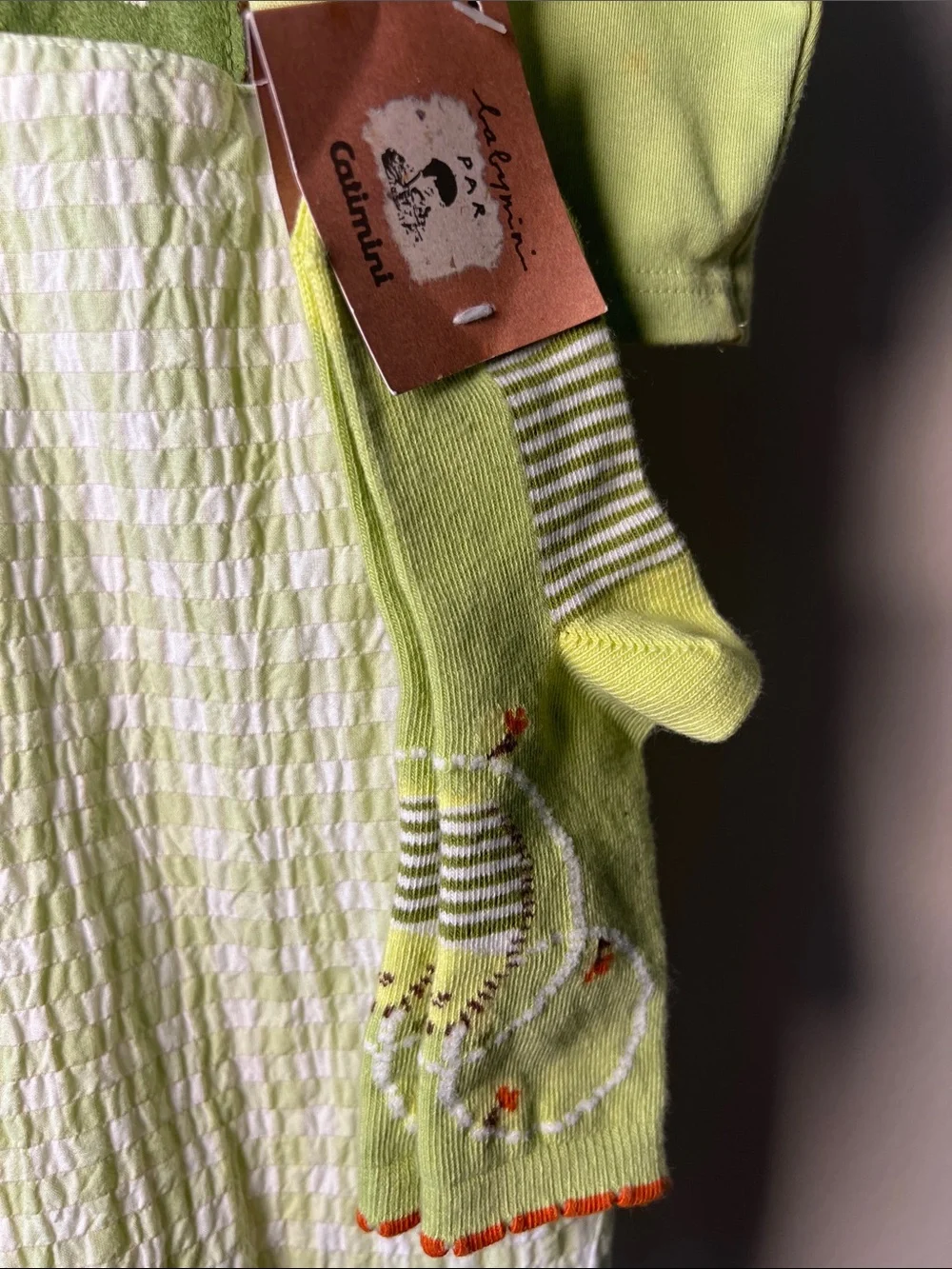 Catimini Light Green Gingham Seersucker Overalls Set with Appliqué & Match Socks